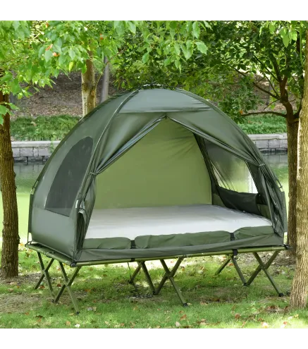 Cama Doble de Camping Plegable con Tienda de Campaña 4 en 1 Cama de Campamento Elevada con Colchón Hinchable y Bolsa de Transpor