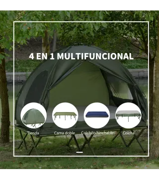 Cama Doble de Camping Plegable con Tienda de Campaña 4 en 1 Cama de Campamento Elevada con Colchón Hinchable y Bolsa de Transpor