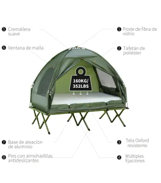 Cama Doble de Camping Plegable con Tienda de Campaña 4 en 1 Cama de Campamento Elevada con Colchón Hinchable y Bolsa de Transpor