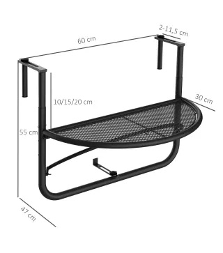 Mesa Colgante de Balcón Semicircular 60x47x50 cm Ajustable en Altura Simple y Conveniente para Barandilla de Balcón Terraza Pati