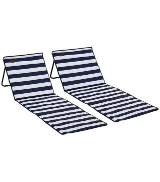 Conjunto de 2 Esterillas de Playa Plegable con Respaldo Reclinable y Bolsa de Transporte 142x51x40 cm Blanco y Azul