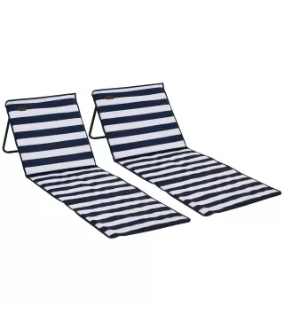 Conjunto de 2 Esterillas de Playa Plegable con Respaldo Reclinable y Bolsa de Transporte 142x51x40 cm Blanco y Azul