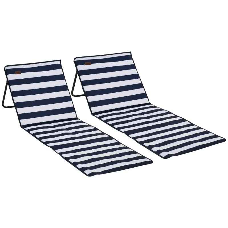 Conjunto de 2 Esterillas de Playa Plegable con Respaldo Reclinable y Bolsa de Transporte 142x51x40 cm Blanco y Azul