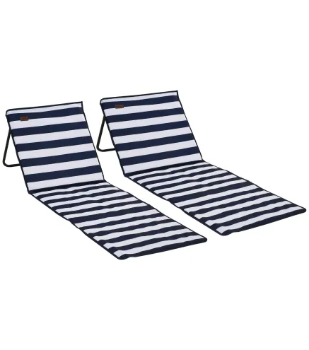 Conjunto de 2 Esterillas de Playa Plegable con Respaldo Reclinable y Bolsa de Transporte 142x51x40 cm Blanco y Azul