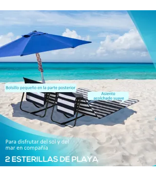 Conjunto de 2 Esterillas de Playa Plegable con Respaldo Reclinable y Bolsa de Transporte 142x51x40 cm Blanco y Azul