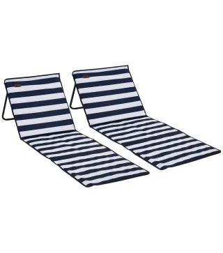 Conjunto de 2 Esterillas de Playa Plegable con Respaldo Reclinable y Bolsa de Transporte 142x51x40 cm Blanco y Azul