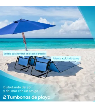 Conjunto de 2 Esterillas de Playa Plegable con Respaldo Reclinable y Bolsa de Transporte 142x51x40 cm Azul