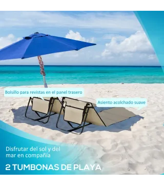 Conjunto de 2 Esterillas de Playa con Respaldo Reclinable y Bolsa de Transporte para Jardín Camping 142x51x40 cm Beige