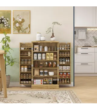 Armario Despensa Cocina con 2 Puertas de Ratán y 16 Estantes Alacena Moderna con Estantes Ajustables 60x30x104cm Natural