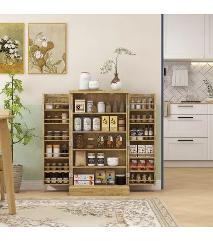 Armario Despensa Cocina con 2 Puertas de Ratán y 16 Estantes Alacena Moderna con Estantes Ajustables 60x30x104cm Natural