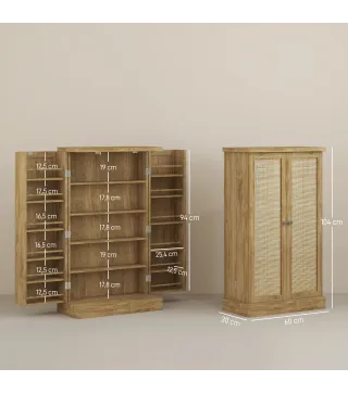 Armario Despensa Cocina con 2 Puertas de Ratán y 16 Estantes Alacena Moderna con Estantes Ajustables 60x30x104cm Natural