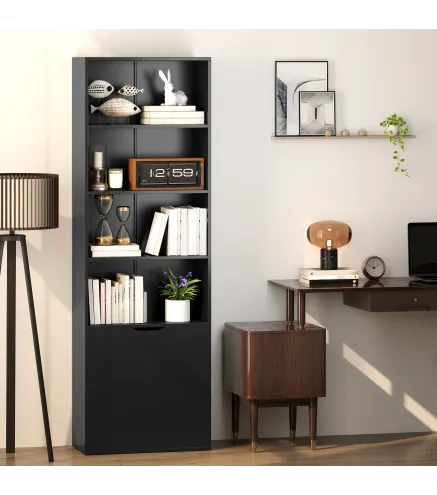 Estantería para Libros de 6 Niveles Librería con Puertas 4 Estantes Abiertos para Salón Estudio 59x29x180 cm Negro