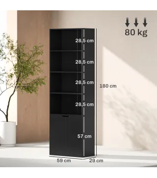 Estantería para Libros de 6 Niveles Librería con Puertas 4 Estantes Abiertos para Salón Estudio 59x29x180 cm Negro