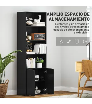 Estantería para Libros de 6 Niveles Librería con Puertas 4 Estantes Abiertos para Salón Estudio 59x29x180 cm Negro