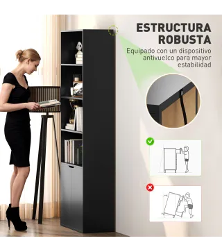 Estantería para Libros de 6 Niveles Librería con Puertas 4 Estantes Abiertos para Salón Estudio 59x29x180 cm Negro