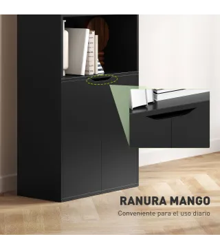 Estantería para Libros de 6 Niveles Librería con Puertas 4 Estantes Abiertos para Salón Estudio 59x29x180 cm Negro