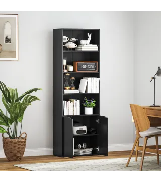 Estantería para Libros de 6 Niveles Librería con Puertas 4 Estantes Abiertos para Salón Estudio 59x29x180 cm Negro