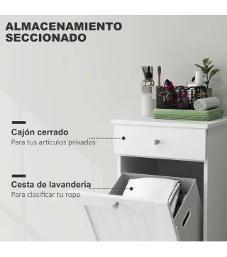 Armario de Baño con Cesto Ropa Sucia Abatible Mueble Ropa Sucia con Bolsa de Tela Plegable y Cajón Blanco 40x38x90 cm