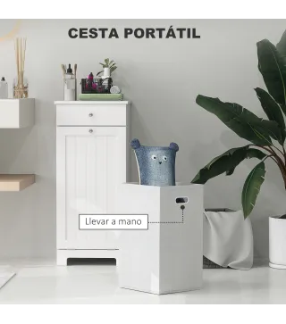 Armario de Baño con Cesto Ropa Sucia Abatible Mueble Ropa Sucia con Bolsa de Tela Plegable y Cajón Blanco 40x38x90 cm