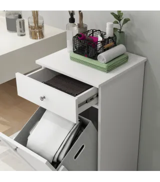Armario de Baño con Cesto Ropa Sucia Abatible Mueble Ropa Sucia con Bolsa de Tela Plegable y Cajón Blanco 40x38x90 cm