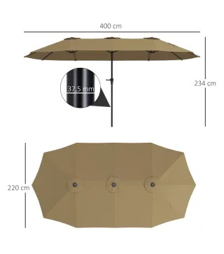 Sombrilla Doble 4x2,2 m Sombrilla Terraza Exterior con Manivela Manual Impermeable y Protección UV30+ Café