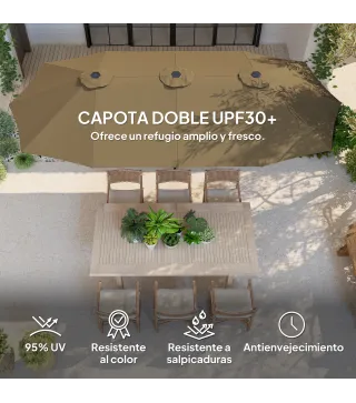 Sombrilla Doble 4x2,2 m Sombrilla Terraza Exterior con Manivela Manual Impermeable y Protección UV30+ Café