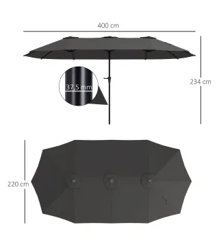 Sombrilla Doble 4x2,2 m Sombrilla Terraza Exterior con Manivela Manual Impermeable y Protección UV30+ Gris Oscuro