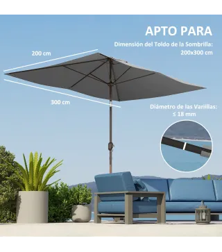 Toldo de Recambio de Sombrilla de 3x2 m Toldo de Repuesto para Sombrilla con Ventilación Superior Protección UV 50+ Gris