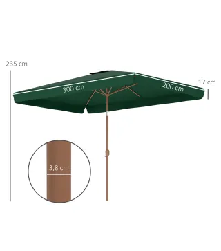 Sombrilla de Terraza Exterior 300x200x235 cm con Ángulo Ajustable Mástil de Aluminio Manivela y Protección UV 50+ Verde