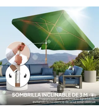 Sombrilla de Terraza Exterior 300x200x235 cm con Ángulo Ajustable Mástil de Aluminio Manivela y Protección UV 50+ Verde