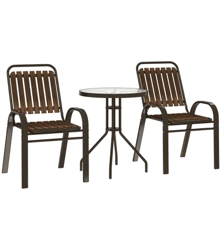 Conjunto de Jardín Exterior de 3 Piezas con 2 Sillas Apilables y Mesa Redonda de Vidrio Templado para Balcón Terraza