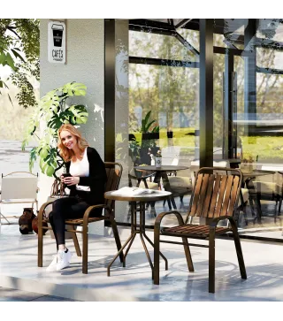 Conjunto de Jardín Exterior de 3 Piezas con 2 Sillas Apilables y Mesa Redonda de Vidrio Templado para Balcón Terraza