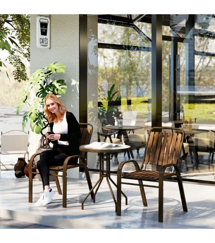 Conjunto de Jardín Exterior de 3 Piezas con 2 Sillas Apilables y Mesa Redonda de Vidrio Templado para Balcón Terraza