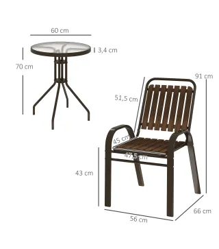 Conjunto de Jardín Exterior de 3 Piezas con 2 Sillas Apilables y Mesa Redonda de Vidrio Templado para Balcón Terraza