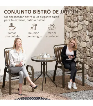 Conjunto de Jardín Exterior de 3 Piezas con 2 Sillas Apilables y Mesa Redonda de Vidrio Templado para Balcón Terraza