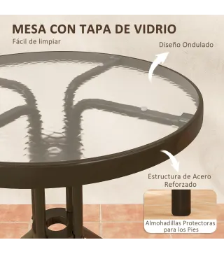 Conjunto de Jardín Exterior de 3 Piezas con 2 Sillas Apilables y Mesa Redonda de Vidrio Templado para Balcón Terraza