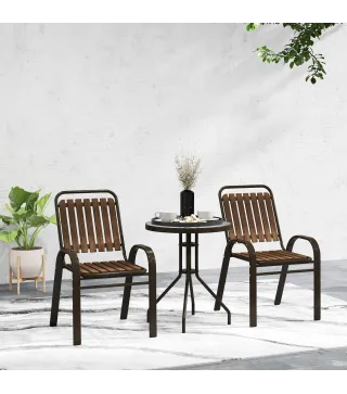 Conjunto de Jardín Exterior de 3 Piezas con 2 Sillas Apilables y Mesa Redonda de Vidrio Templado para Balcón Terraza