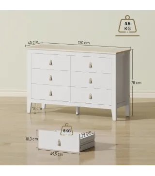 Cómoda para Dormitorio con 6 Cajones Tiradores de PU Cajonera para Salón Pasillo 120x40x78 cm Blanco