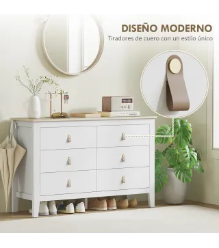 Cómoda para Dormitorio con 6 Cajones Tiradores de PU Cajonera para Salón Pasillo 120x40x78 cm Blanco
