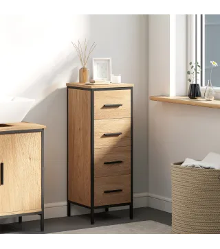 Armario de Baño Mueble de Baño Estrecho Cajonera con 4 Cajones y Estructura de Acero 30x30x82 cm Roble