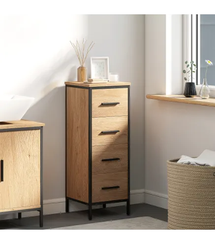 Armario de Baño Mueble de Baño Estrecho Cajonera con 4 Cajones y Estructura de Acero 30x30x82 cm Roble