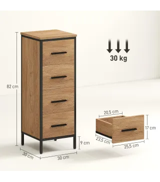 Armario de Baño Mueble de Baño Estrecho Cajonera con 4 Cajones y Estructura de Acero 30x30x82 cm Roble