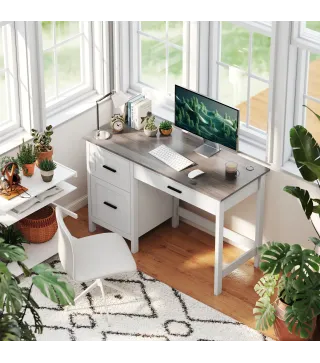 Escritorio Rústico 120x50 cm Mesa de Escritorio con 3 Cajones y Encimera con Efecto Madera Blanco