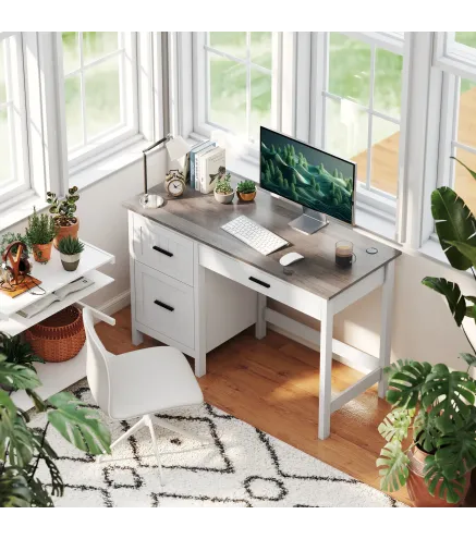 Escritorio Rústico 120x50 cm Mesa de Escritorio con 3 Cajones y Encimera con Efecto Madera Blanco