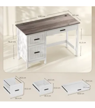 Escritorio Rústico 120x50 cm Mesa de Escritorio con 3 Cajones y Encimera con Efecto Madera Blanco
