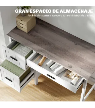 Escritorio Rústico 120x50 cm Mesa de Escritorio con 3 Cajones y Encimera con Efecto Madera Blanco