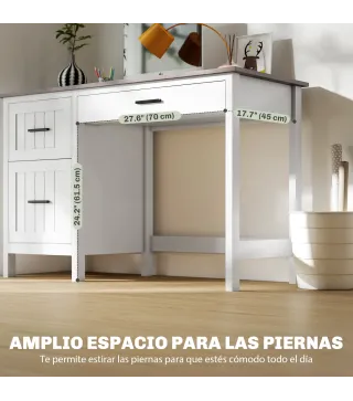 Escritorio Rústico 120x50 cm Mesa de Escritorio con 3 Cajones y Encimera con Efecto Madera Blanco