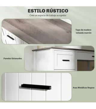 Escritorio Rústico 120x50 cm Mesa de Escritorio con 3 Cajones y Encimera con Efecto Madera Blanco