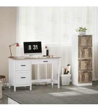 Escritorio Rústico 120x50 cm Mesa de Escritorio con 3 Cajones y Encimera con Efecto Madera Blanco