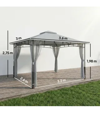 Carpa para Jardín con Techo Doble Cenador con Paredes de Malla UPF50+ para Exterior Terraza 360x300x275 cm Gris